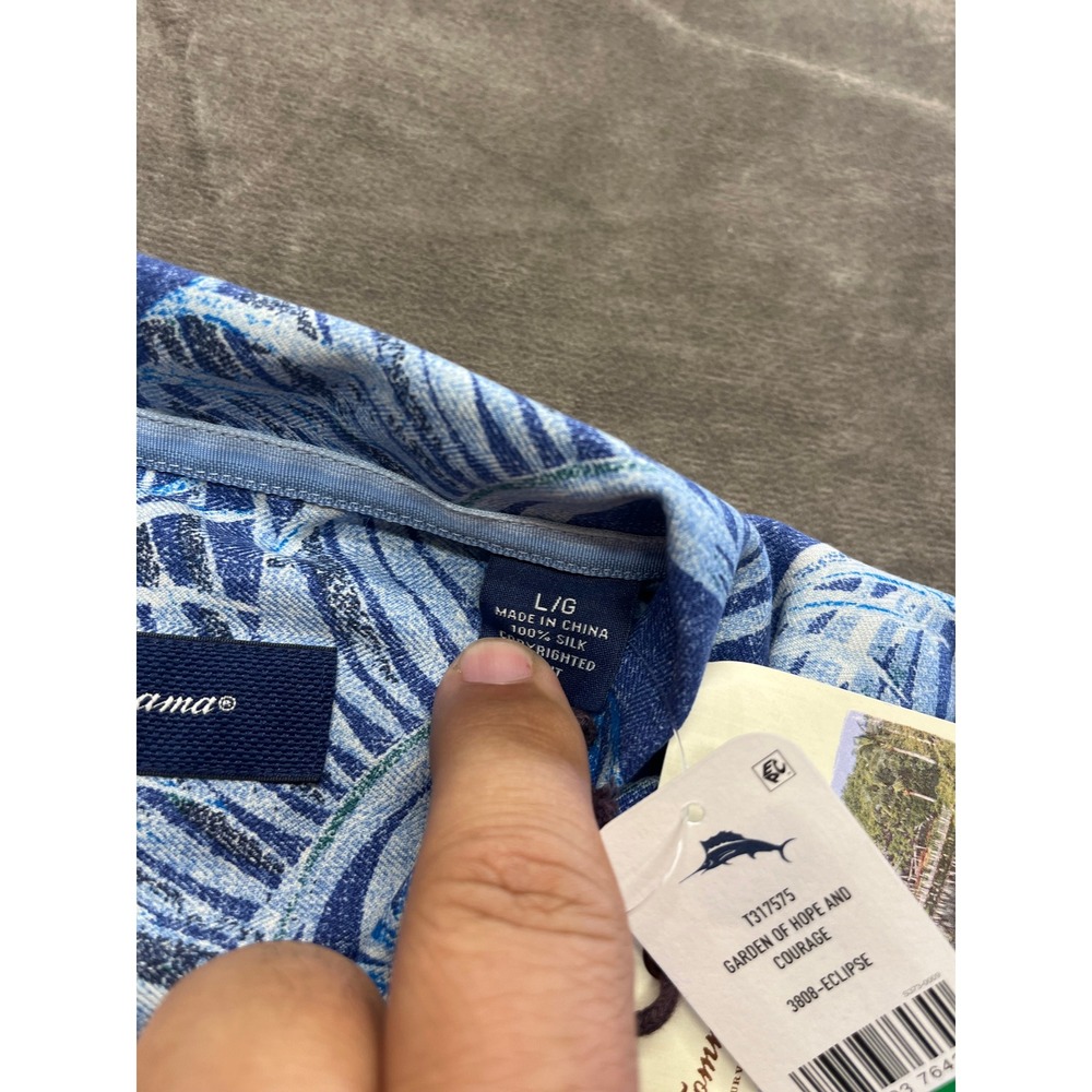 Tommy Bahama Mens Silk Camp Shirt Garden Of Hope And Courage Blue Palm Print L - Picture 6 of 8